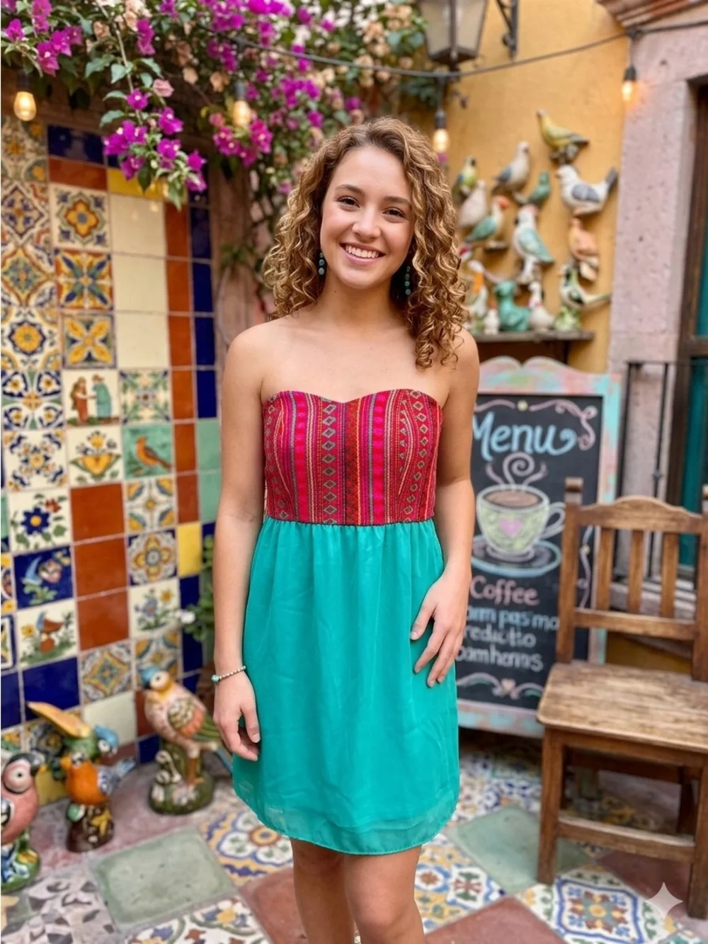 Judith March Strapless Embroidered Dress Southwestern Pink Turquoise Teal Mini L
